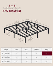 VASAGLE King Metal Bed Frame, 14 Inches Tall, 1100 lb Weight Capacity | Heavy-Duty Platform Bed, No Box Spring Needed, Under-Bed Storage, Mattress Retainers, Easy Setup, URMB654BD02S
