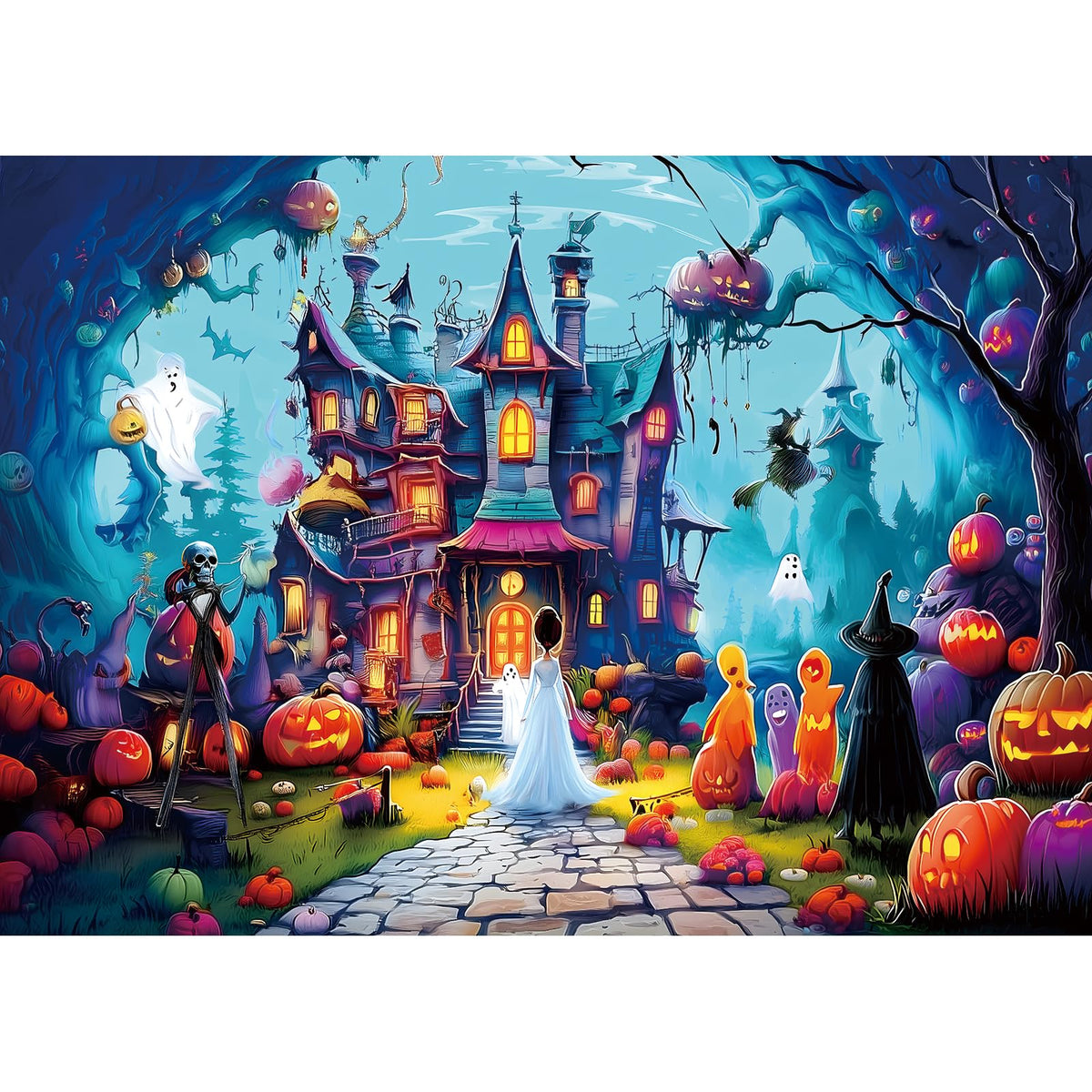 PuzzOne Halloween Puzzles for Adults 1000 Pieces Horror Haunted House | Halloween Night Castle Jigsaw Puzzle with Letters Spooky Scene with Pumpkins and Girls for Gifts Decor Dust Free, 27.5"x19.7"