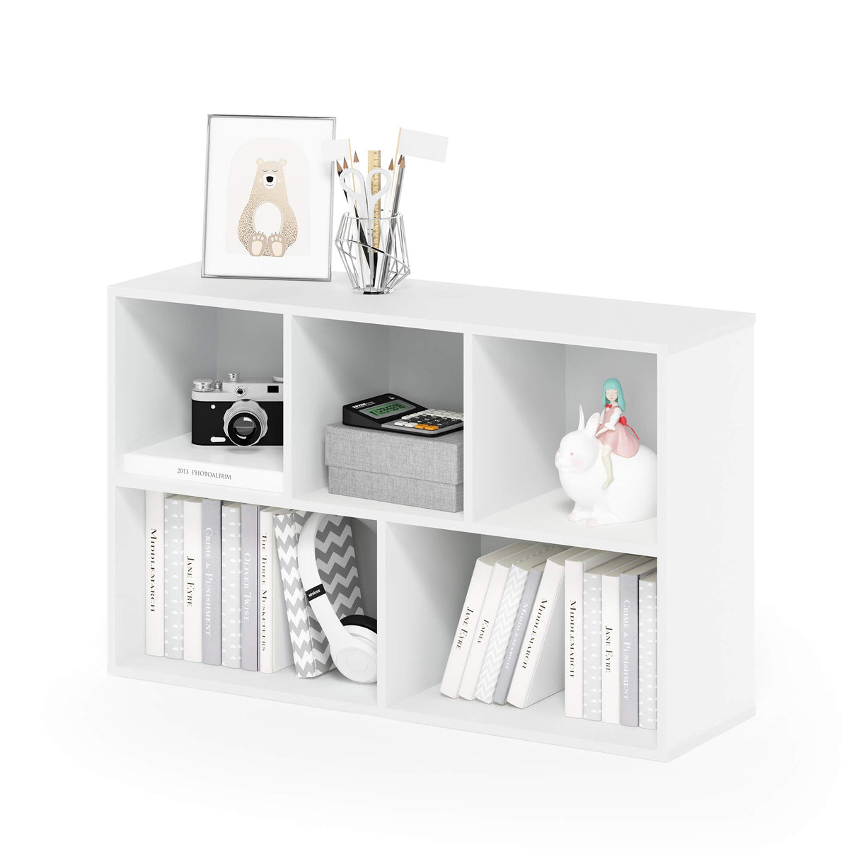 Furinno LUDER Book Shelf, 5-Cube Bookshelf, Reversible Bookcase, 9.4 x 19.5 x 31.5, Easy Assembly, for Living Room, Bedroom, Home Office, White