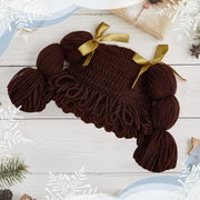 Jeere Halloween Cabbage Costume Yarn Wig, Dark Brown 1, Loop Pigtails | Yarn Hat with Twin Pigtails, Pink Bow Accents, Bangs Fringe, Infant Halloween Costume, Newborn Photo Prop for Dress up