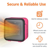 Amazon Basics Ceramic Space Heater, Portable Mini Heater for Office Desk, Fast Heating, Efficient, Indoor Use, 500W, With Tip-Over Protection, Lightweight 1.4 lbs, Pink, 5.9"D x 3.2"W x 6"H