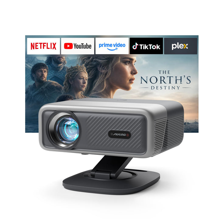 [5000 ANSI & 60W Dolby Audio] 4K Projector with WiFi and Bluetooth,TOF Real-Time Auto Focus Overhead Projector, AuKing Outdoor Movie Home Proyector with Omni-Adjustable Stand(silver grey)