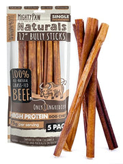 Mighty Paw 12" Bully Sticks for Dogs - Large, Medium and Small Dog Chew | Single Ingredient, Grass-Fed, Low Odor, 5 pk, High Protein, Boredom Buster