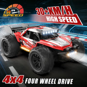 Remote Control Car, 4WD High Speed 30+KPH RC Cars for Boys Age 8-12, 2.4GHz RC Monster Truck Toys, 1:18 RC Truck with 2 Rechargeable Batteries & LED Lights, Birthday Gifts for Adults Kids