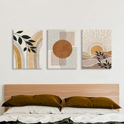 3 Pcs Wooden Framed Canvas Wall Art Canvas Prints Boho Mid Century Modern Painting Bohemian Nature Plants Desert Sun Pictures for Living Room Bedroom Bathroom Hallway Wall Decor 30x40 cm x3pcs