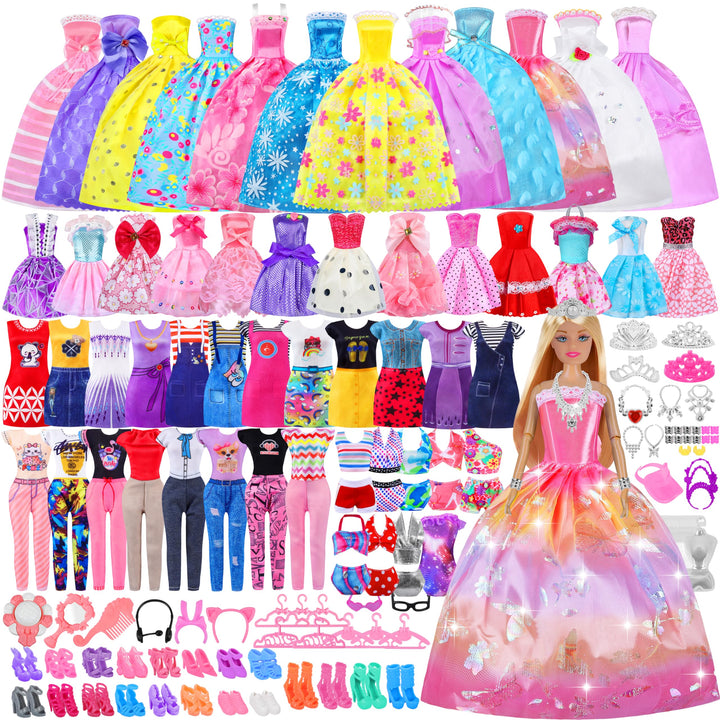 135 Pcs Doll Clothes and Accessories with Doll,Doll Playset for Girls | Princess Gowns,Fashion Dresses,Top,Pants,Jumpsuit,Swimsuits,Shoes,Hangers for 11.5 inch Doll,Toddlers Kids Toy Gifts