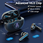 Fhumsh Wireless Earbuds, Bluetooth 6.0 Headphones HiFi Stereo 50H Playback LED Digital Display Ear Buds with ENC Noise Canceling Headset, IPX7 Waterproof Earphones for Gym/Running/Work(Black)