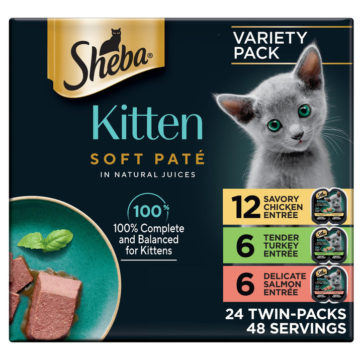 Sheba Perfect Portions Kitten Pate Wet Cat Food, Multipack, 2.6 oz, 24 ct | Chicken, Turkey, & Salmon, DHA for brain development, Vitamin E for immunity, real meat, essential amino acids, 48 servings