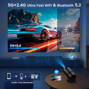 [Built-in Apps] Mini Projector with WiFi & Padding, Movie Projector 1080P HD Support Motion Keystone Correction, 180° Rotatable, Compatible with Sticks, HDMI, USB, Smart Handphones, Laptop (Black)