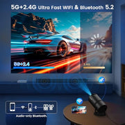 [Built-in Apps] Mini Projector with WiFi & Padding, Movie Projector 1080P HD Support Motion Keystone Correction, 180° Rotatable, Compatible with Sticks, HDMI, USB, Smart Handphones, Laptop (Black)