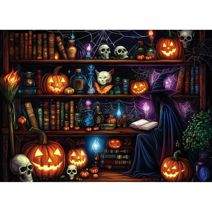 Halloween Witch Bookshelf Puzzles for Adults 1000 Pieces Spooky Bookshelf Puzzles 1000 Pieces Haunted Skull Pumpkin Ghost Jigsaw Puzzle Magic Potion Halloween Fall Challenge for Adults