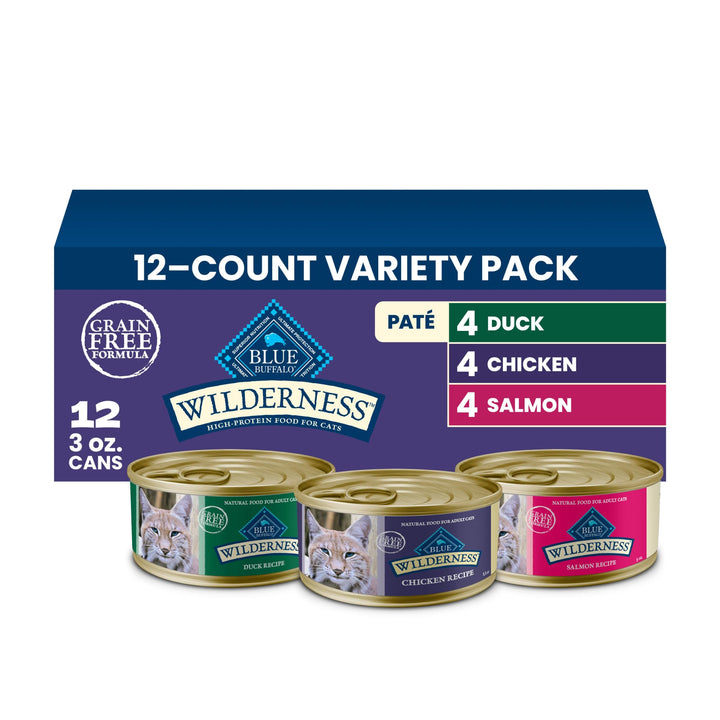 Blue Buffalo Wilderness Variety Pack Adult Paté Wet Cat Food, 3 oz, 12 ct | Chicken, Salmon, and Duck Patés (4 of Each), High Protein & Grain-Free Recipes, Supports Daily Hydration