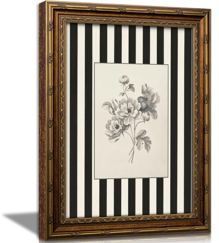 Vintage Gold Framed Stripes Flower Wall Art, Black White Striped Floral Sketch Canvas Prints, Retro Sketch Plant Wall Decor, Rustic Farmhouse Poster Artwork for Living Room Kitchen Bedroom Dining Room, 9x11in