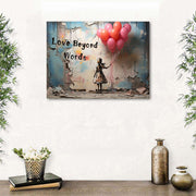 Banksy Canvas Wall Art for Living Room Little Girl with Pink Balloons Print | Love Beyond Words Inspirational Quotes Graffiti Wall Art Framed Street Funky Pop Art for Bedroom Hallway Home Decor 30x40cm