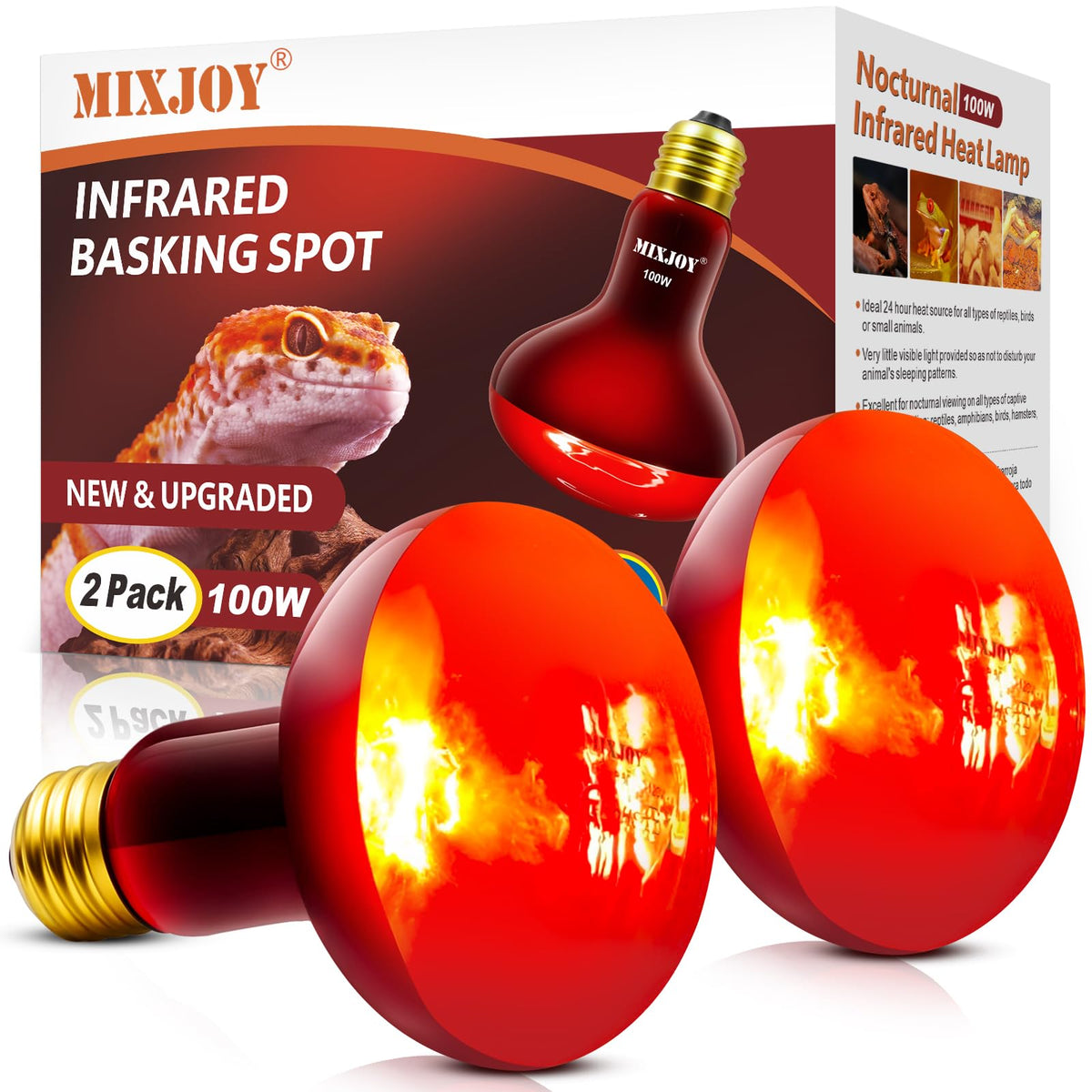 MIXJOY 100W Infrared Heat Lamp Bulbs, 2 Pack Reptile Infrared Heat Emitter Red Heat Lamp Bulbs Infrared Basking Light Bulbs for Reptiles, Bearded Dragon, Lizard, Tortoise, Chickens, Pets