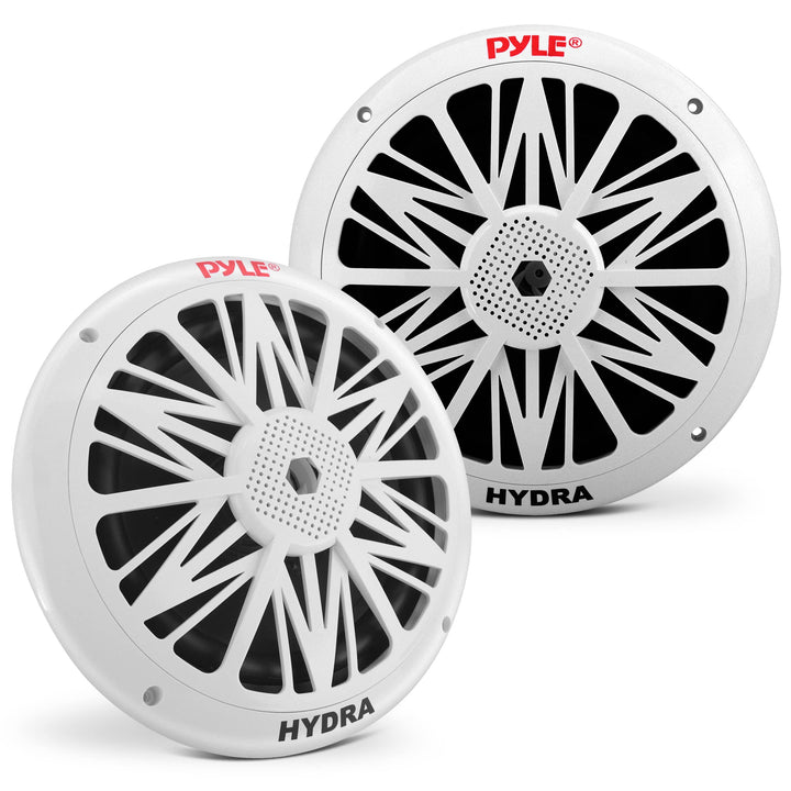 Pyle Marine Speakers, Waterproof, Weather Resistant, 8 Inch Dual, 10 Inch Outer Frame, 300 Watt Power, Poly Carbon Cone, Cloth Surround, Includes Mounting Hardware and Wires, White, PLMR82