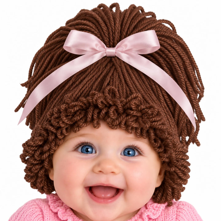 Jeere Halloween Cabbage Costume Yarn Wig, Brown 2, High Ponytail | Yarn Hat with Twin Pigtails, Pink Bow Accents, Bangs Fringe, Infant Halloween Costume, Newborn Photo Prop for Dress up