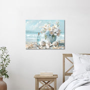 Wooden Framed Canvas Wall Art Blue Ocean Coastal Seascape Painting on Canvas Prints Poster Hydrangea Lilies Flower in Vase Pictures for Living Room Bedroom Home Hallway Corridor Wall Decor 30x40cm