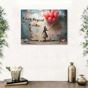 Banksy Canvas Wall Art for Living Room Little Girl with Pink Balloons Print | Love Beyond Words Inspirational Quotes Graffiti Wall Art Framed Street Funky Pop Art for Bedroom Hallway Home Decor 30x40cm