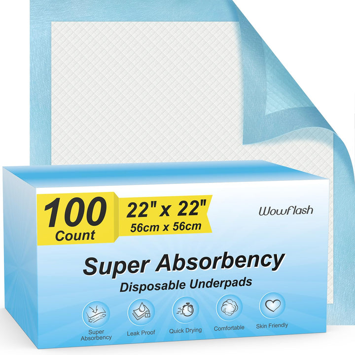 100 Count 22” x 22” Super Absorbency Disposable Underpads | Leakproof Quick Drying Disposable Pads for Baby, Puppy and Adults, Cat Pee Pads for Dogs, Potty Puppy Training Pads