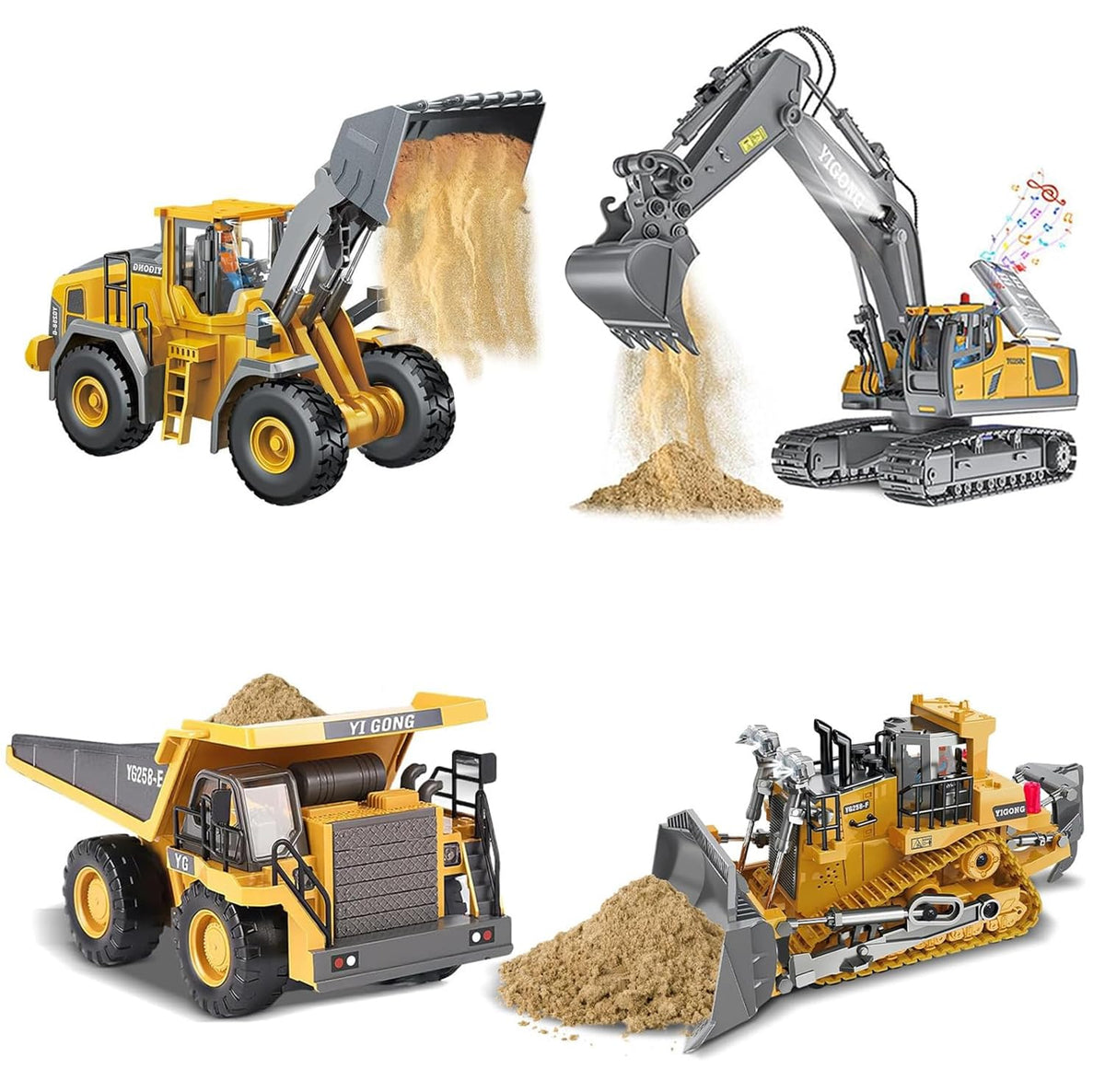 Remote Control Excavator (11-Channel), Dump Truck, Bulldozer, Loader (9-Channel), 2.4GHz Remote Control Construction Vehicles, Made of ABS, with Cool Lights and Sound Effects, 4-Pcs