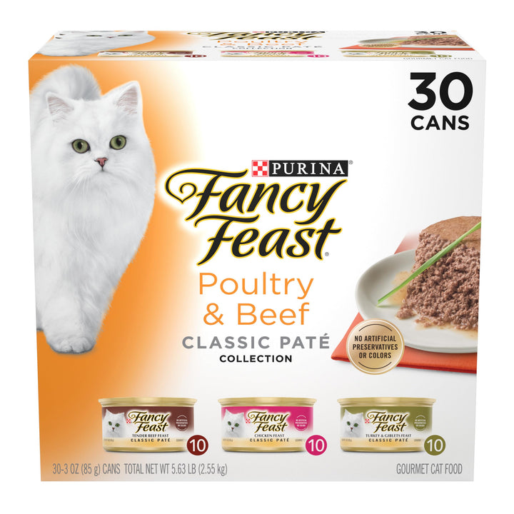 Purina Fancy Feast Classic Pate Wet Cat Food, 3 oz Cans, 30-Pack | Variety Pack, grain free recipes crafted with poultry and beef, made with no artificial colors or preservatives