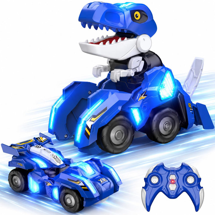 Dinosaur Transforming RC Car with LED Lights, One-Key Robot Conversion