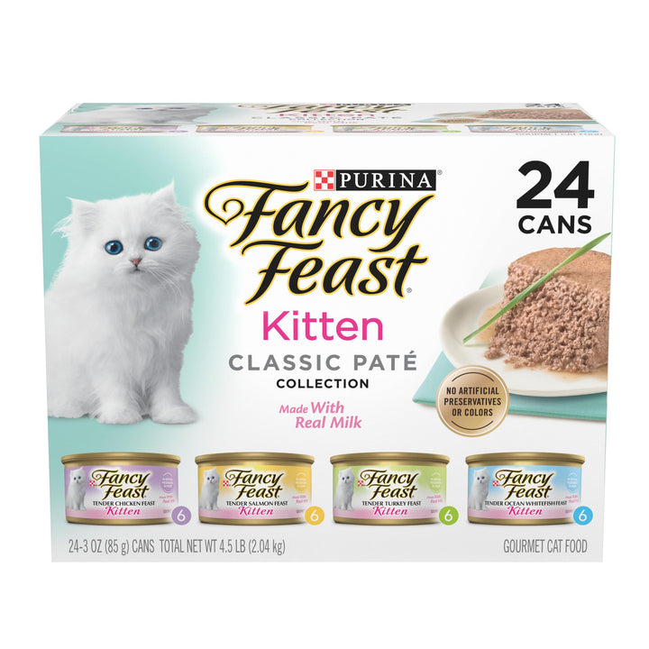 Purina Fancy Feast Wet Kitten Food Variety Pack, 3 oz cans, 24-Pack | Oceanfish, Turkey, Chicken or Salmon Recipes with no artificial colors or preservatives. 100 percent complete and balanced