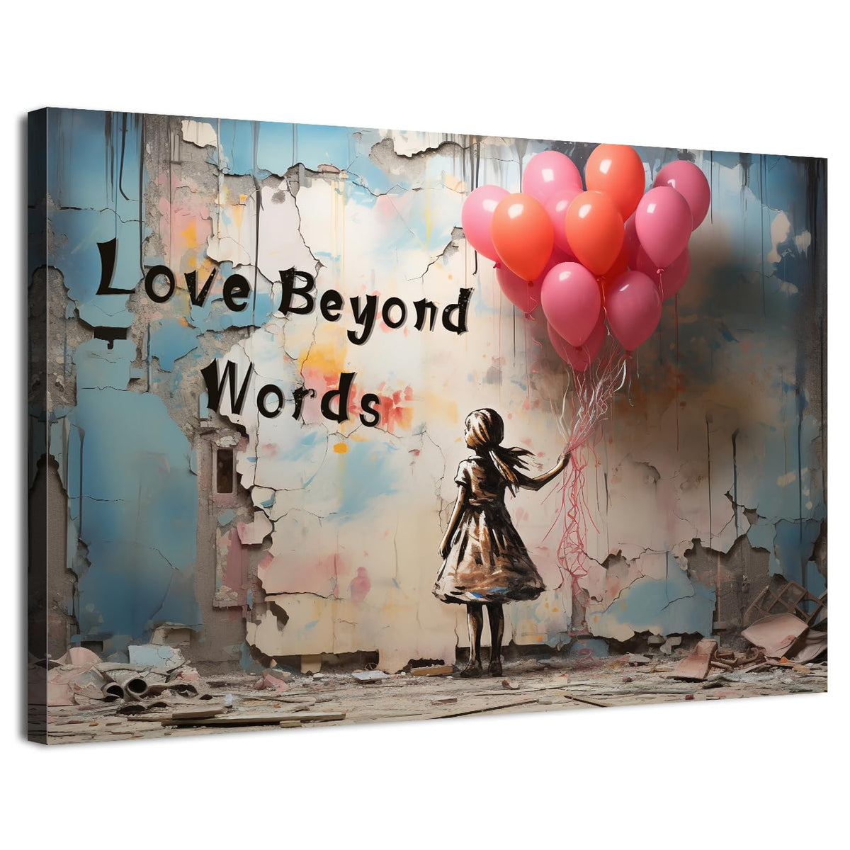 Banksy Canvas Wall Art for Living Room Little Girl with Pink Balloons Print | Love Beyond Words Inspirational Quotes Graffiti Wall Art Framed Street Funky Pop Art for Bedroom Hallway Home Decor 30x40cm