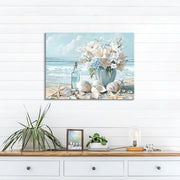 Wooden Framed Canvas Wall Art Blue Ocean Coastal Seascape Painting on Canvas Prints Poster Hydrangea Lilies Flower in Vase Pictures for Living Room Bedroom Home Hallway Corridor Wall Decor 30x40cm