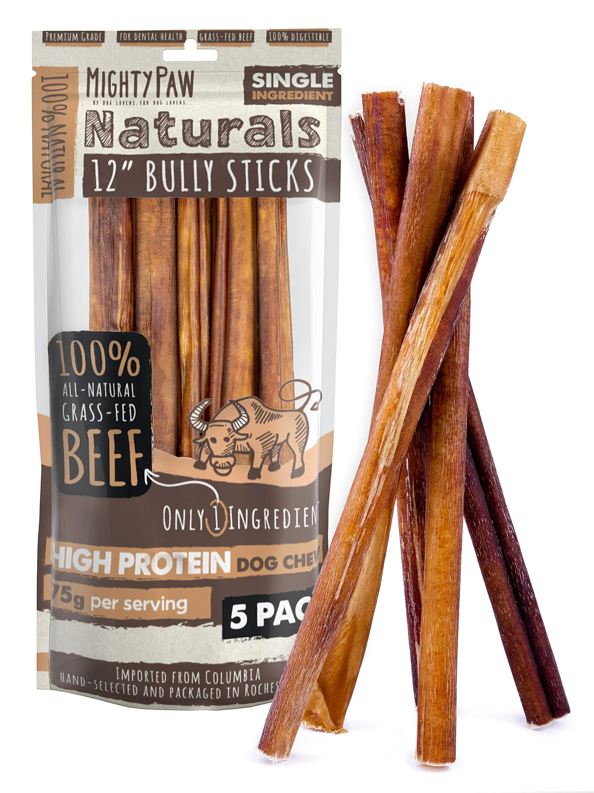 Mighty Paw 12" Bully Sticks for Dogs - Large, Medium and Small Dog Chew | Single Ingredient, Grass-Fed, Low Odor, 5 pk, High Protein, Boredom Buster