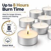Unscented 8-Hour Tea Light Candles, 100 Pack, Cotton Wicks
