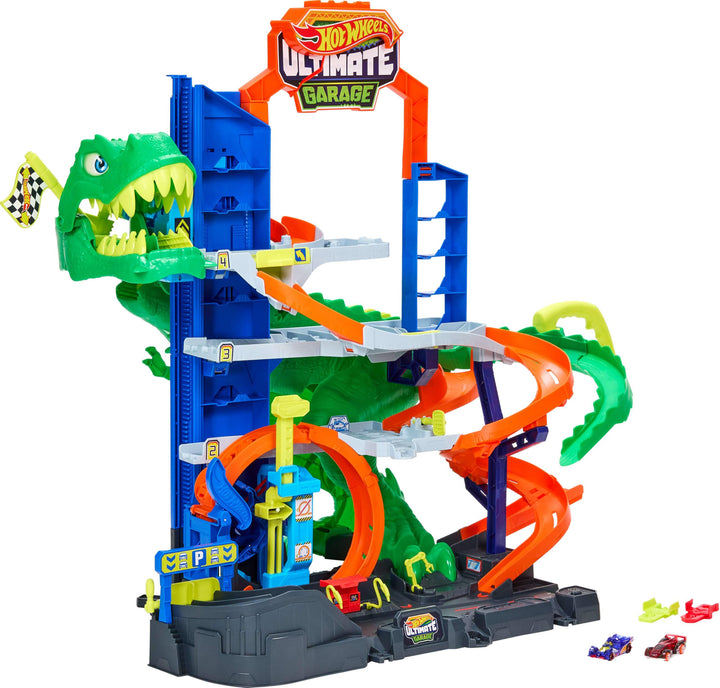 ​Hot Wheels City Ultimate T-Rex Garage & 2 Die-Cast Toy Cars