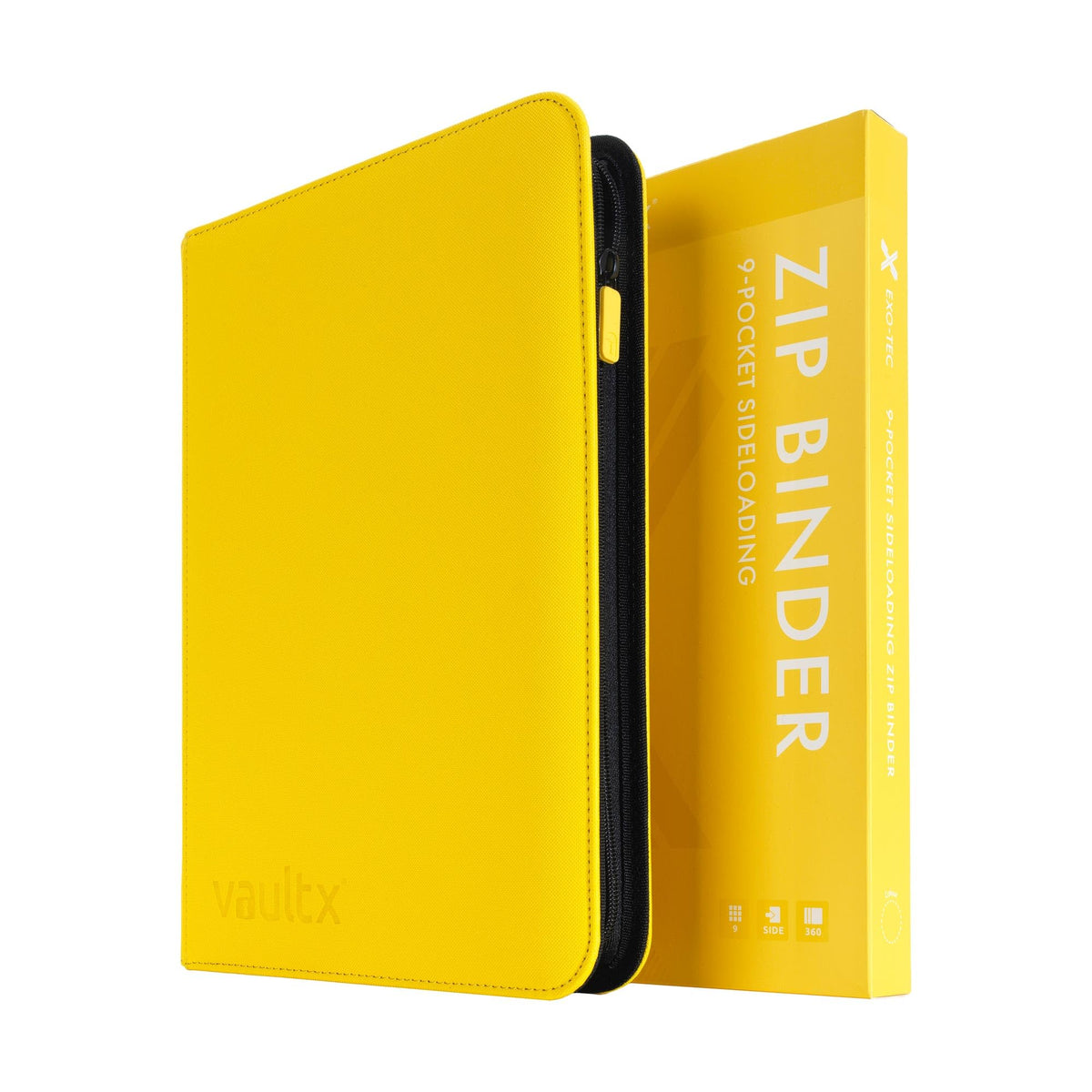 Vault X 9 Pocket Zip Trading Card Binder 360 Cards Exo-Tec (Yellow) | Holds 360 standard-size TCG cards in 20 side-loading 9-pocket pages. Padded, water-resistant Exo-Tec cover.