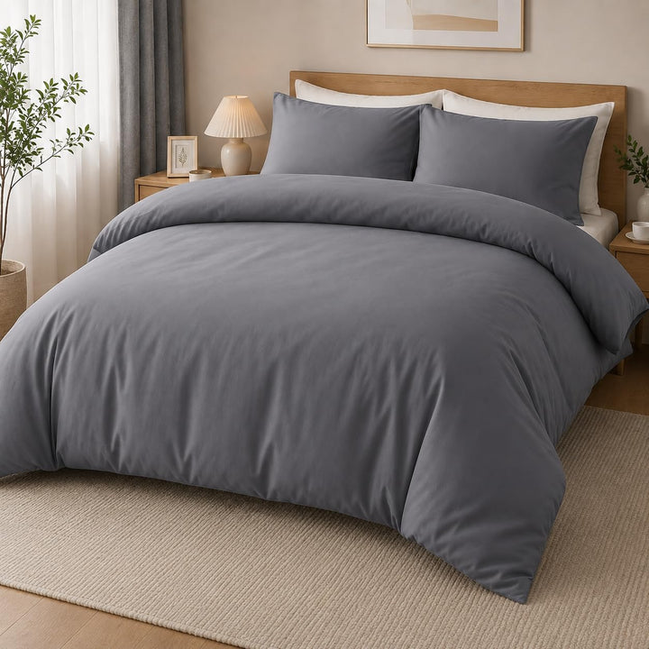 MOONLIGHT20015 Double Duvet Set Brushed Microfibre Grey Bedding Sets | Premium Quilt Cover with 2 Pillow Cases, Breathable Solid Soft Bed Set, Machine Washable - Homes and Hotels Quality