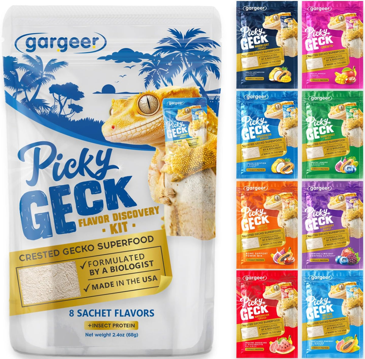 Gargeer 2.4oz Picky Geck 8 Sachet Flavours Crested Gecko Food Discovery Kit | Stop wasting food! Test 8 gourmet sachet flavors to win over picky geckos. Probiotic-infused, clean-label fruit & insect diet