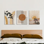 3 Pcs Wooden Framed Canvas Wall Art Canvas Prints Boho Mid Century Modern Painting Bohemian Nature Plants Desert Sun Pictures for Living Room Bedroom Bathroom Hallway Wall Decor 30x40 cm x3pcs
